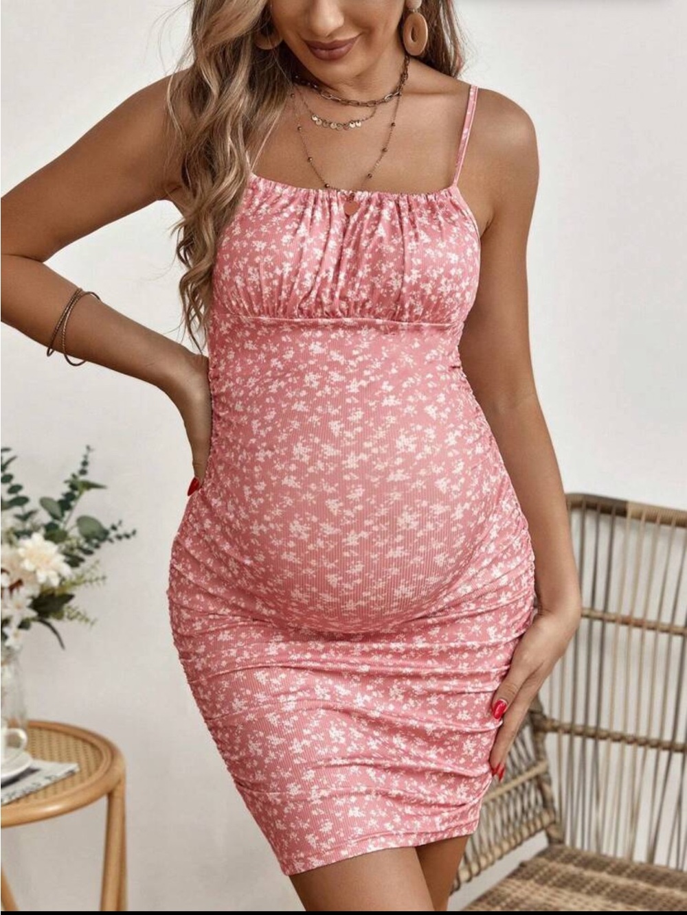 Pink Floral Maternity Dress - Sleeveless Spaghetti Strap